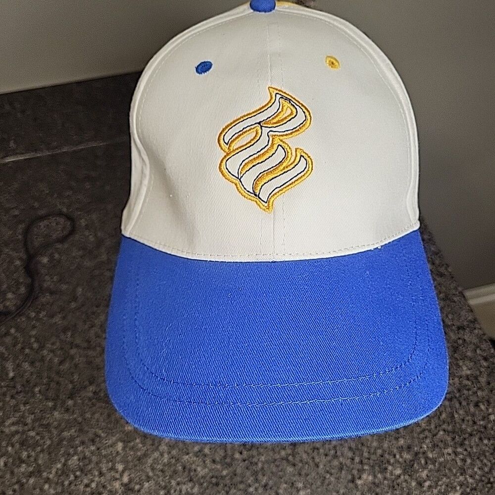 Vintage Rocawear Y2K Stretch Fit Hat White Blue Yellow Zip Pocket Streetwear Cap